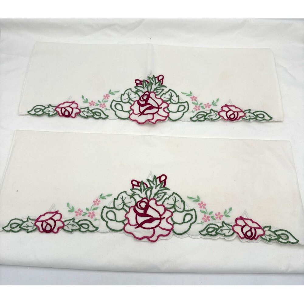 Vintage Hand-Embroidered Floral Pillowcases With Pink & Green Roses Design - Picture 2 of 7